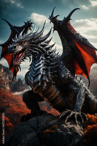 beautiful dragon, majestic and imposing creature, fiery eyes with sharp teeth and horns, Generative Ai © Rafael