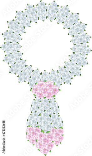 Illustration of pink and blue Gerdenia or Cape jasmine flower bouquet with leaves.