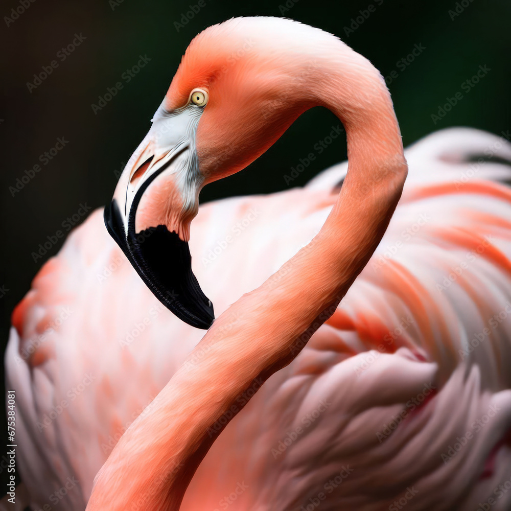 Naklejka premium Flamingo (Phoenicopterus roseus) is a pink-colored waterbird with long legs and a curved beak, found in lakes and marshes around the world. 