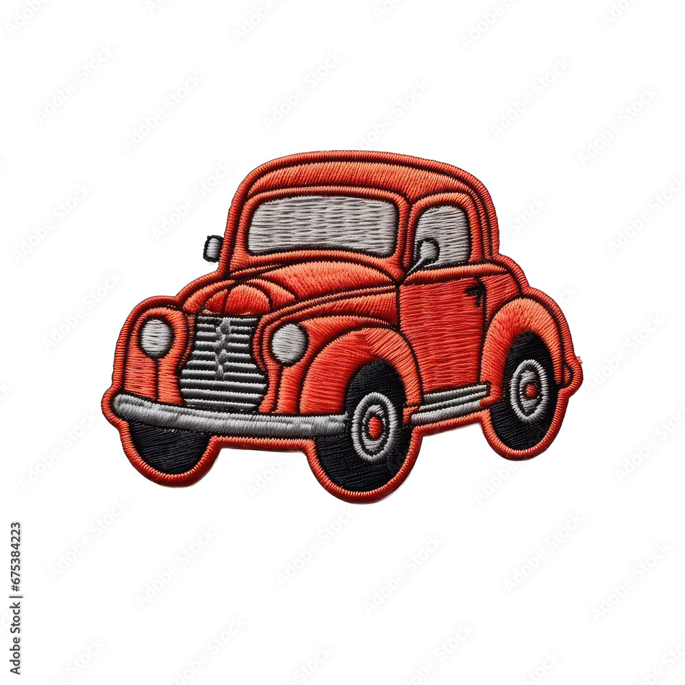 Cute car embroidery patch isolated on transparent background. Cute decoration for clothes and accessories