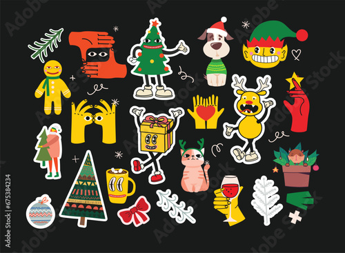 Groovy hippie Christmas stickers. Santa Claus  Christmas tree  gifts  rainbow  peace  groovy and bright  star in trendy retro cartoon style. Merry Christmas and Happy New year.