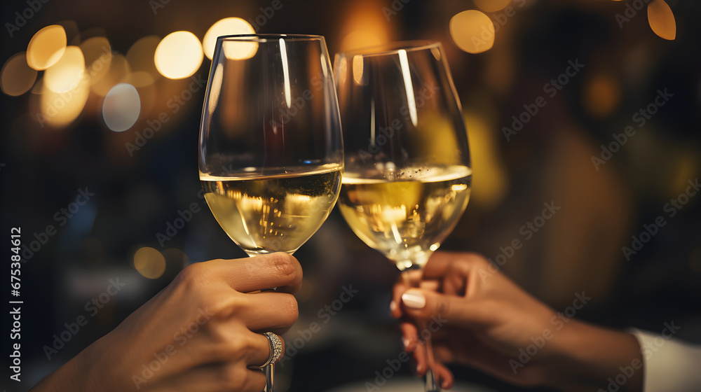 close up hands friends toasting white wine at dinner party in restaurant