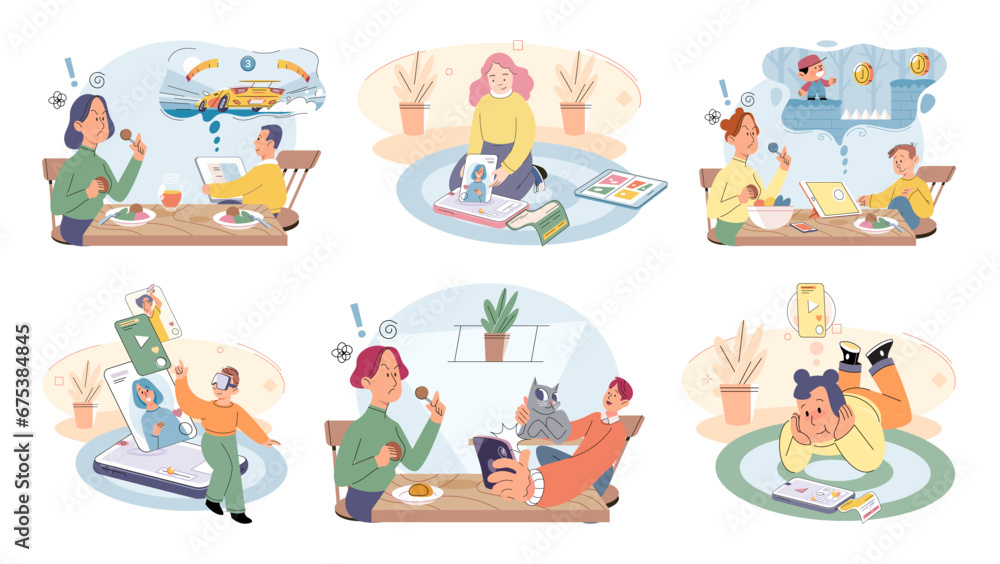 Gadget addiction. Vector illustration. Users often develop dependency on their smartphones, leading to addiction The use digital devices and apps has reshaped our communication patterns Gadget
