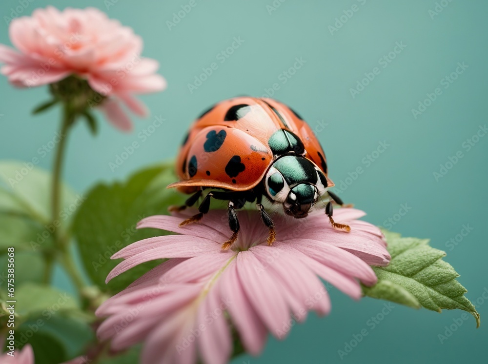 Fototapeta premium Ladybug on a flower in pastel colors and a complementary background color
