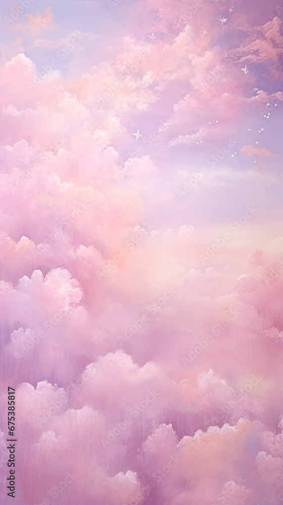 Dreamy pink sparkling cloudscape. Calm pink sky and clouds background with room for text copy.