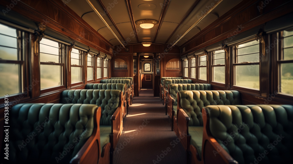 Luxury vintage interior of train wagon with comfort seats. Generative AI