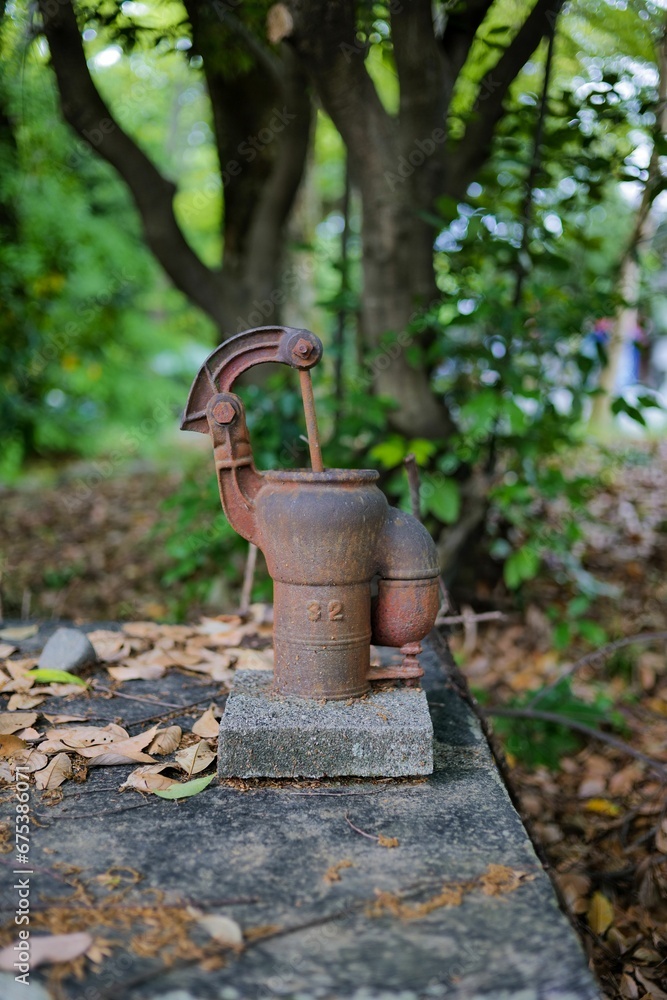 Vertical shot of an antique hand water pump in the forest Vertical shot of an antique hand water pump in the forest