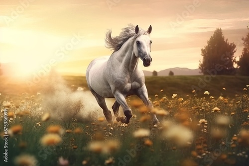 A beautiful thoroughbred horse runs fast in a field in the morning during sunrise