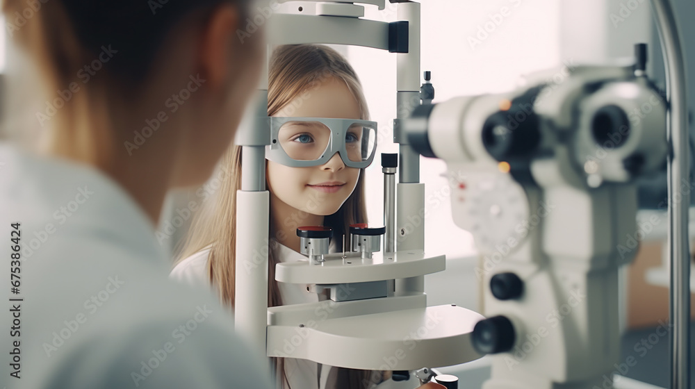 A little girl at an ophthalmologist's appointment. The child is tested on optometric equipment. Health concept. - obrazy, fototapety, plakaty 