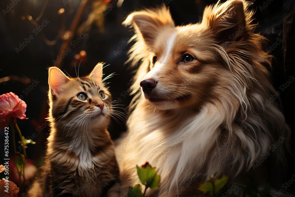 Cute cat and dog near a bouquet of flowers on a dark background Cute cat and dog near a bouquet of flowers on a dark background