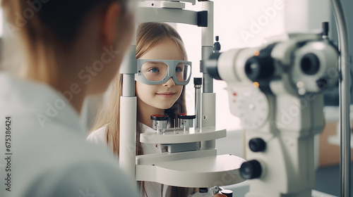A little girl at an ophthalmologist's appointment. The child is tested on optometric equipment. Health concept. photo