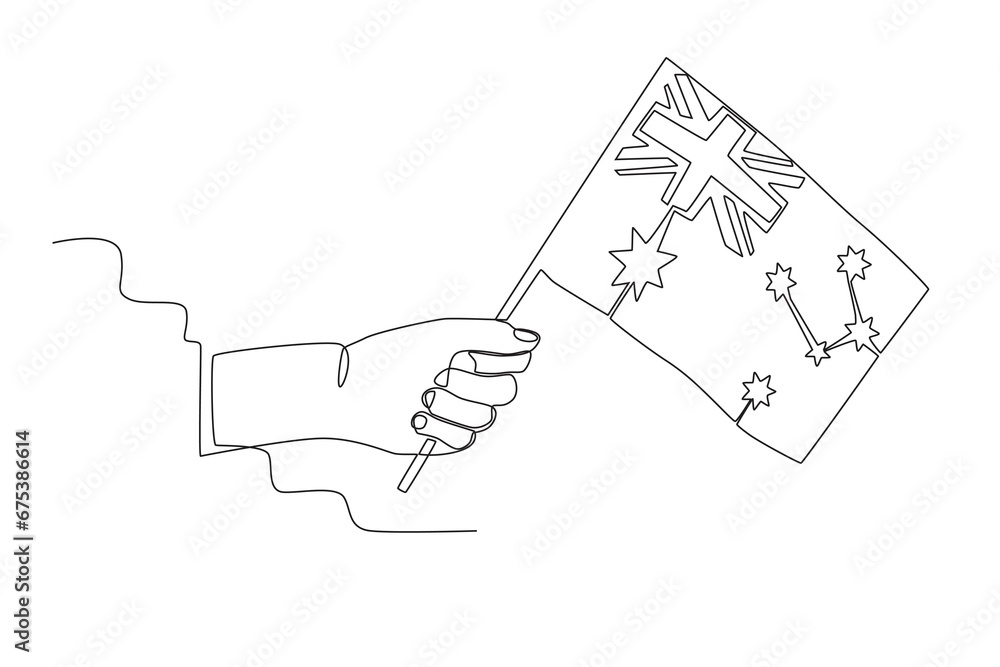 A hand holding a small Australian flag. Australia day one-line drawing