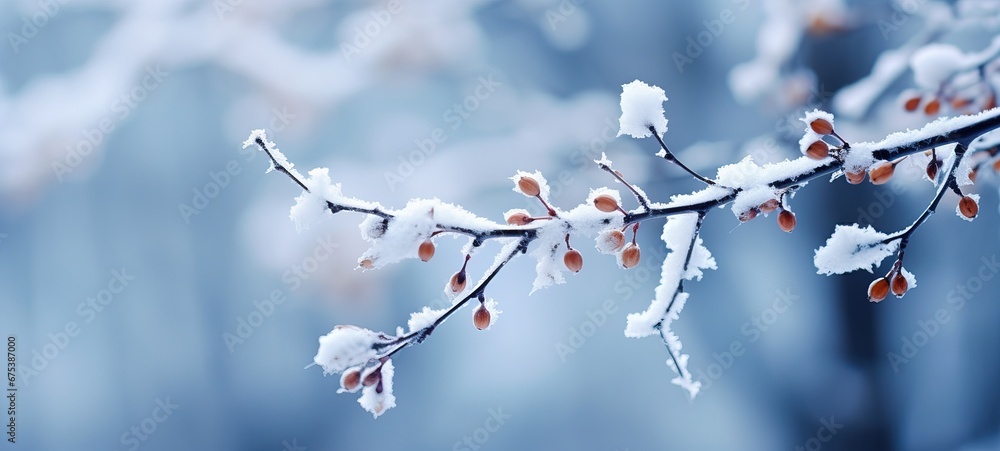 Fototapeta premium Snow covered tree branch with red fruits in forest on blurred background