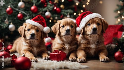 Cute puppies wearing Santa Claus red hat under the Christmas tree. Merry Christmas and Happy New Year decoration around (balls, toys and gift boxes). New Year postcard