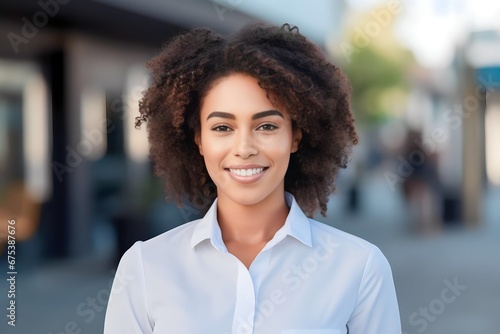 Portrait closeup of beautiful African businesswoman standing at outdoor city