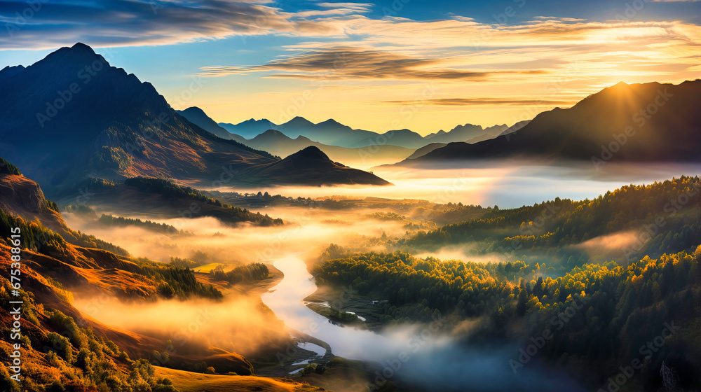 Cloud inversion over valleys, Sunrise warmth, Ethereal beauty with mountain peaks emerging,