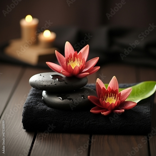water lillies lotus flowers with stack towels and black spa stones on wooden background
