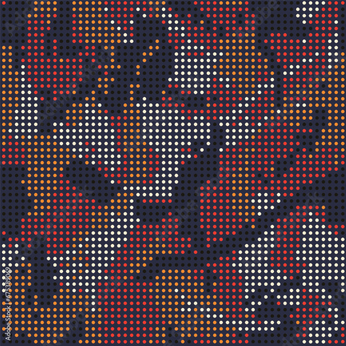 Red orange camouflage of the LED screen. Camo halftone dots texture. Military seamless pattern. Vector background