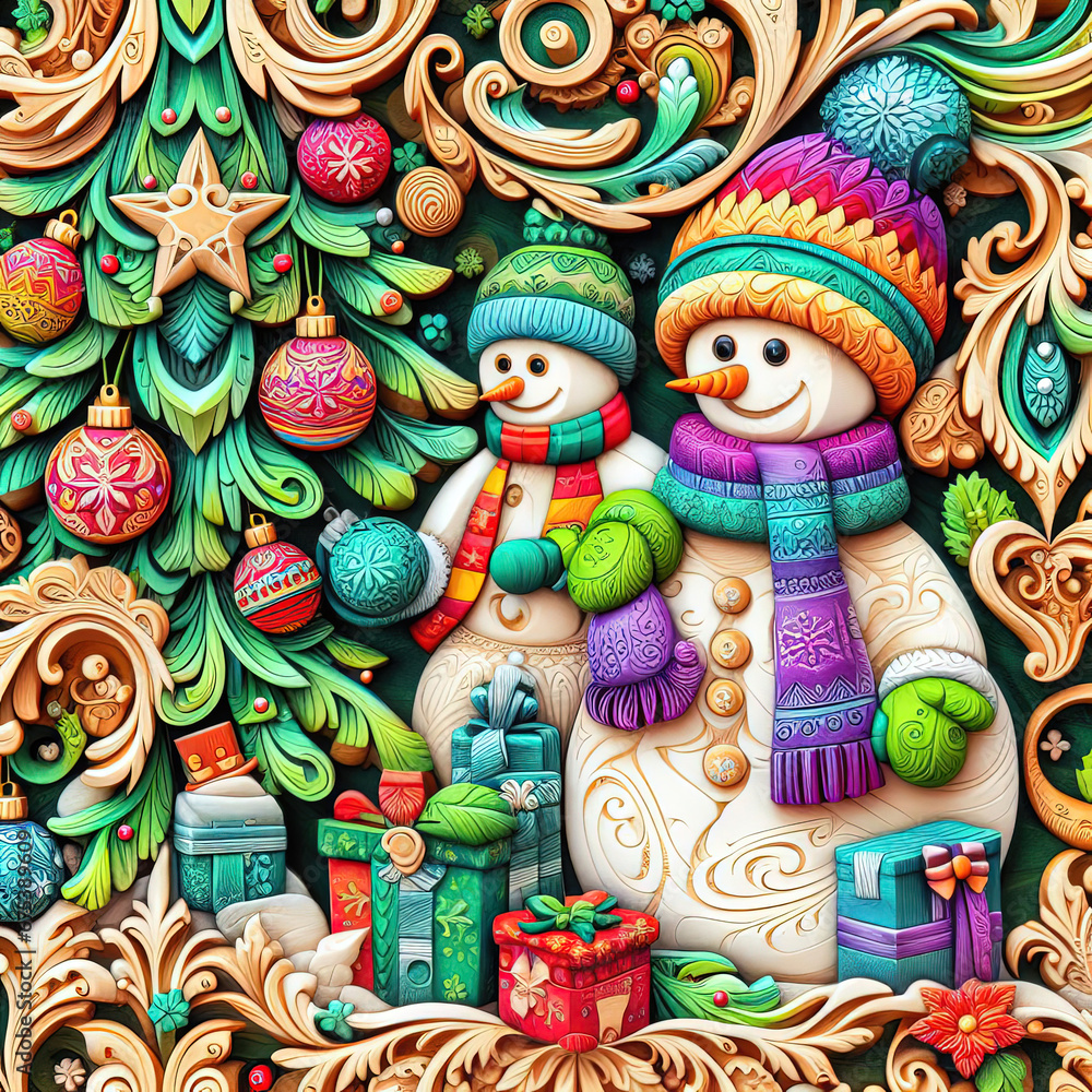 fantasy illustration of merry Christmas background with Santa Claus, snowman and Christmas tree
