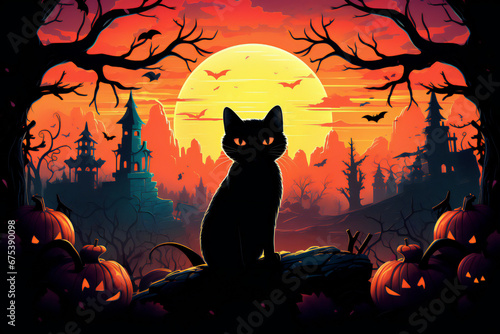 halloween background with orange scary pumpkins and bats. Black cat with yellow eyes against dark night sky. October season. 