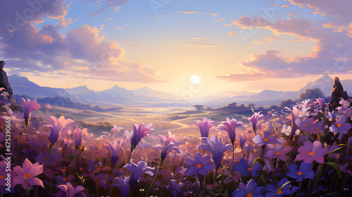 an animation of flowers in the field, in the style of yanjun cheng, light violet and gold, plein-air realism, hyper-detailed, hisui sugiura, tim hildebrandt, impressionistic color use photo