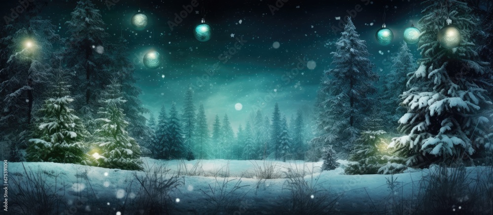 The background of the winter forest was adorned with a blue and green texture designed with the natural elements of wood and trees creating a serene ambiance The warm glow of holiday lights 
