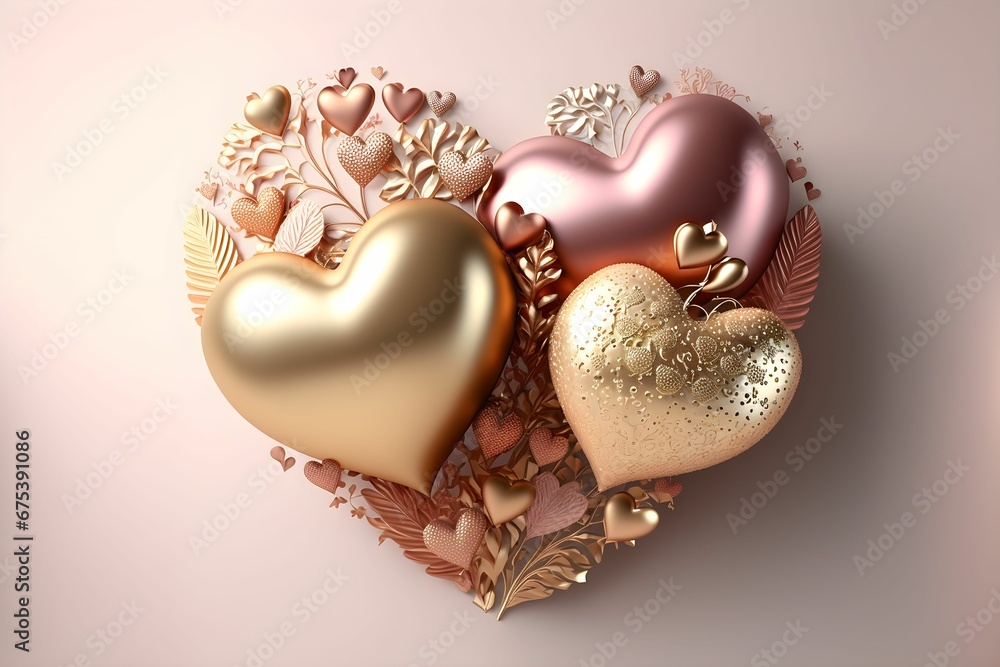 AI generated illustration of shiny rose and gold hearts in bigger heart ...