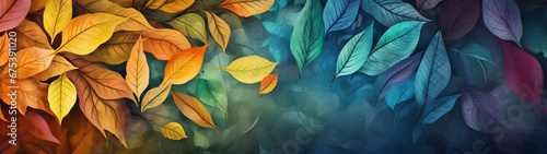 A vibrant autumn masterpiece, where each brushstroke captures the essence of falling leaves dancing against a serene blue backdrop, texture, banner, background