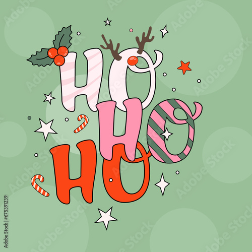 Ho Ho Ho vibes. Card in trendy retro cartoon style. Template postcard christmas groovy poster