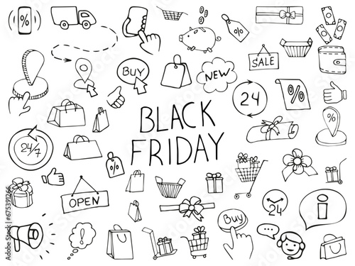 Icon set of Black Friday hand drawn vector doodles in line style. Set of gift boxes, bows, ribbons, shopping bags, label icons, sale tags, shopping carts  in sketch style.