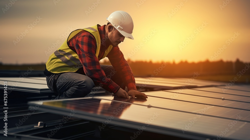 Solar power engineer installing solar panels, on the roof, electrical technician at work. New technologies and solar panels. The supervisor is checking on solar panels Solar power engineer installing solar panels, on the roof, electrical technician at work. New technologies and solar panels. The supervisor is checking on solar panels