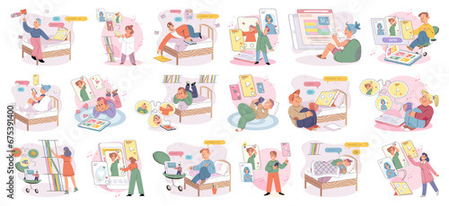 Children with smartphone. Vector illustration. Childrens addiction to their phones has become growing concern for parents and educators The use digital devices, including smartphones