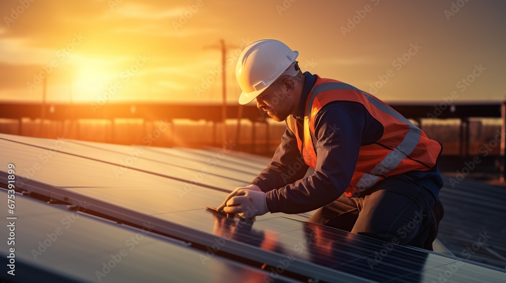 Solar power engineer installing solar panels, on the roof, electrical technician at work. New technologies and solar panels. The supervisor is checking on solar panels Solar power engineer installing solar panels, on the roof, electrical technician at work. New technologies and solar panels. The supervisor is checking on solar panels