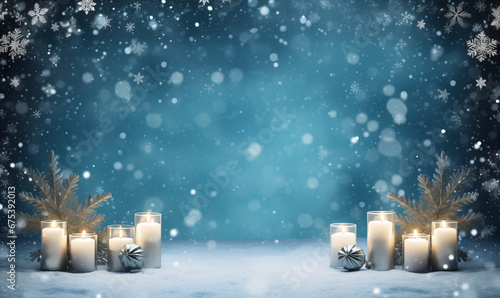 Empty blue template with set of candles outdoor with snowing for text