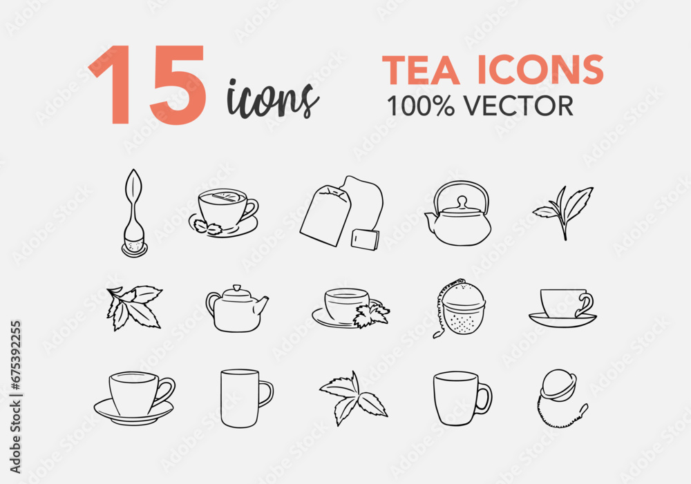 Tea vectors icon, thin line web icon set, vector illustration - obrazy, fototapety, plakaty 