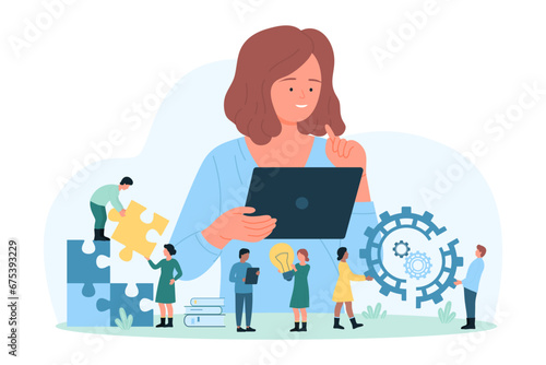 Soft business skills vector illustration. Cartoon tiny people with puzzle pieces and gears training employee to solve problems, effective personal development and intelligence, flexibility of thinking