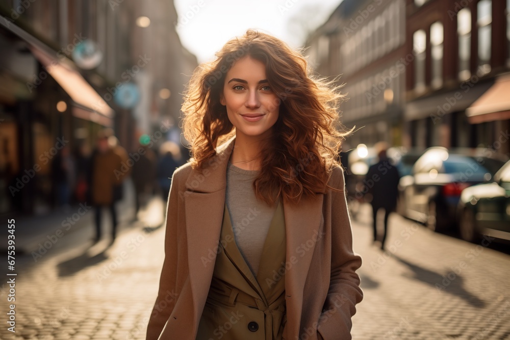 A beautiful young woman with curly hair in the city