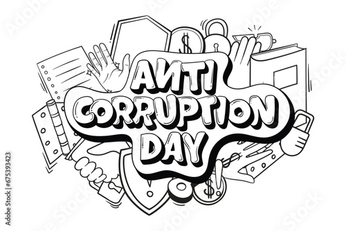 Typography of anti corruption day design with book, shield, hand, dollar icon in doodle art concept