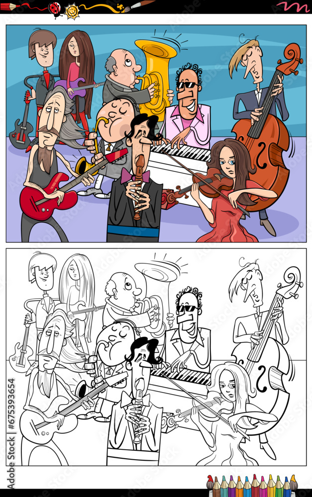 Obraz premium cartoon musicians group or musical band coloring page