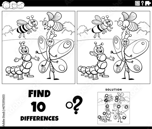 differences game with cartoon insects coloring page