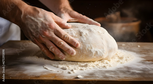 Baker's hands kneading dough on a wooden surface, the art of making bread.