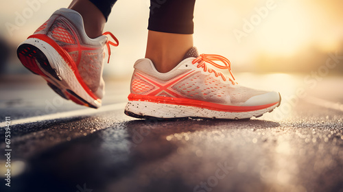 Athlete female runner feet running on road closeup on shoe. Young woman fitness sunrise jog workout wellness concept