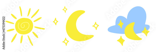 Cartoon illustration of sun, moon, stars and clouds. Different weather concept.