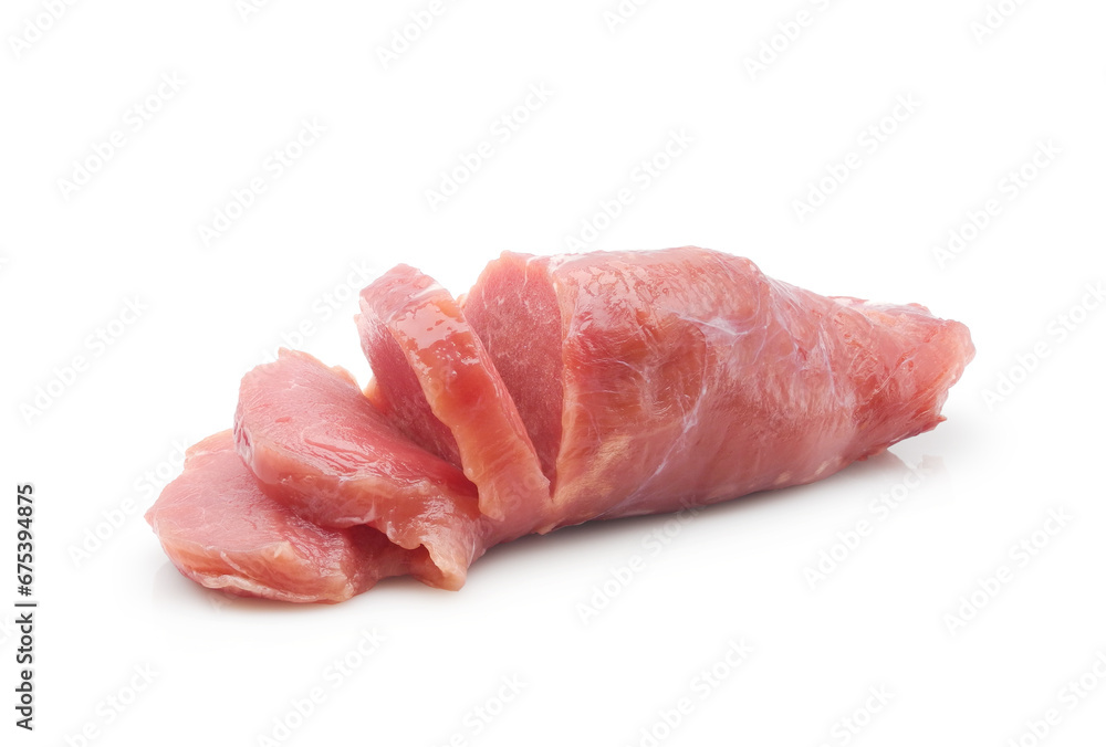 Sliced raw veal tenderloin fresh meat isolated on white background Sliced raw veal tenderloin fresh meat isolated on white background