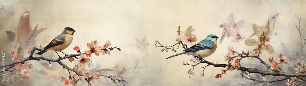 A colorful oscine perched on a winter branch surrounded by vibrant flowers, captured in a stunning outdoor painting A colorful oscine perched on a winter branch surrounded by vibrant flowers, captured in a stunning outdoor painting