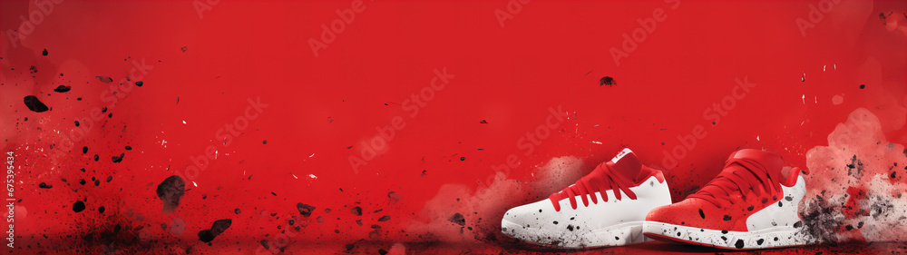 Amidst a chaotic canvas of carmine and abstract art, a white shoe with red laces emerges, stained with the remnants of a wild night, leaving traces of blood and debris in its wake - obrazy, fototapety, plakaty 