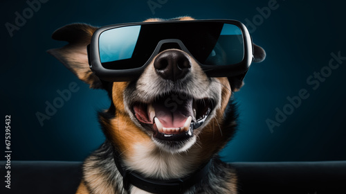 Headshot portrait photo of adorable dog wearing VR goggles watching movie. Animal character technology concept.