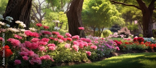 In the colorful garden surrounded by lush green trees and vibrant flowers the blooming pink and red floral display creates a backdrop of natural beauty that perfectly captures the essence o