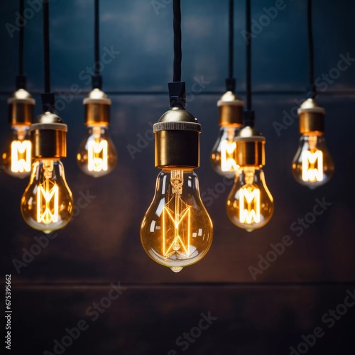 A vintage edison light bulb hangs with other light bulbs in a room with copy space , AI generator