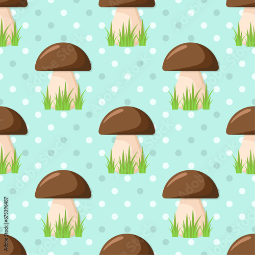 Porcini mushrooms on green polka dot background. Vector seamless pattern. Stylized white mushrooms with brown caps in green grass.